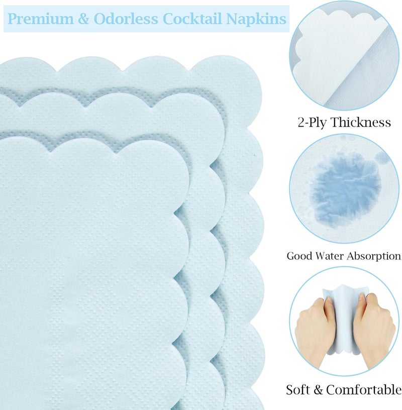 Hoiny 100 Pcs Cocktail Napkins, 2-Ply 5 x 5 Inches Disposable Scalloped Napkins, Thick Premium Dessert Napkins for Party, Wedding, Dinner, Birthday, Anniversary, Festival (Light Blue) - Image 3